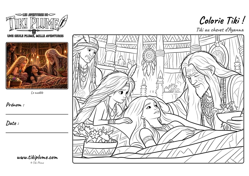 Page de coloriage de Tiki Plume : Au chevet d’Ayanna, avec modèle couleur à gauche et dessin à colorier à droite.