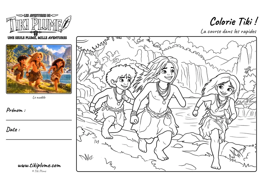 Page de coloriage de Tiki Plume : La course dans les rapides, avec modèle couleur à gauche et dessin à colorier à droite.