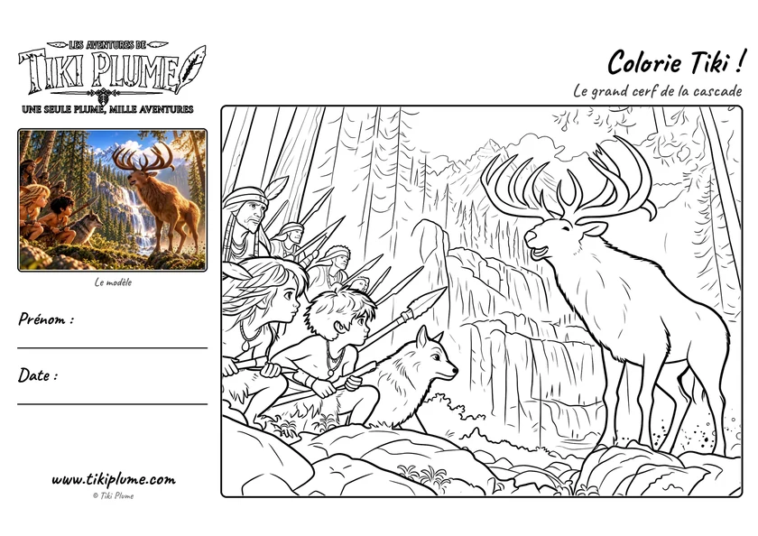 Page de coloriage de Tiki Plume : Le grand cerf, avec modèle couleur à gauche et dessin à colorier à droite.