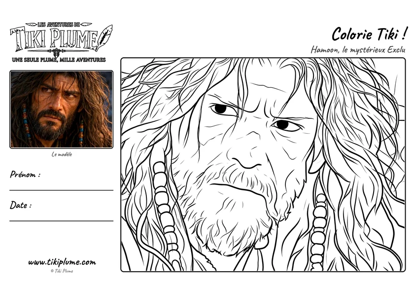 Page de coloriage de Tiki Plume : Hamoon, avec modèle couleur à gauche et dessin à colorier à droite.