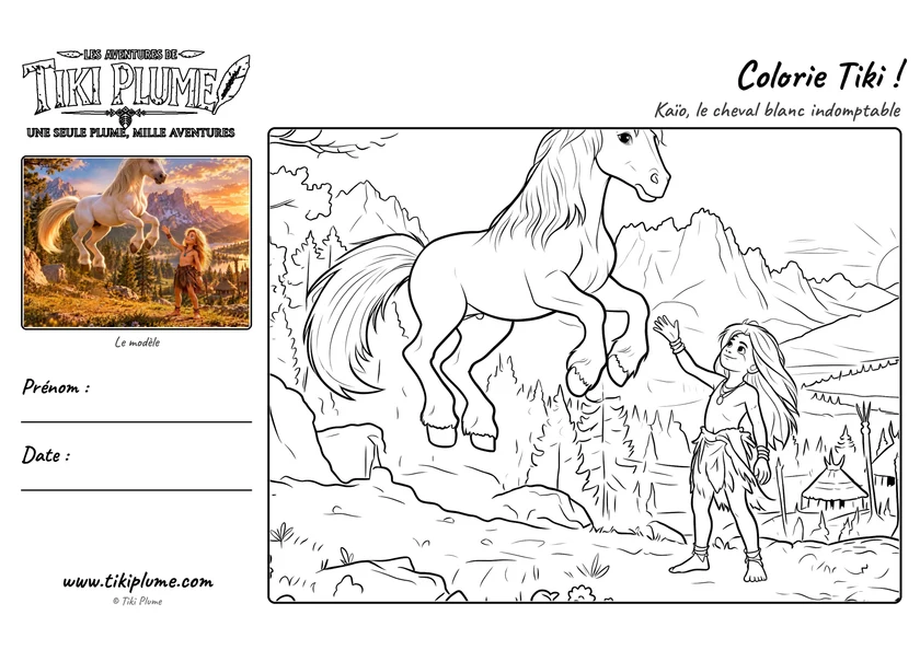 Page de coloriage de Tiki Plume : Kaïo, avec modèle couleur à gauche et dessin à colorier à droite.