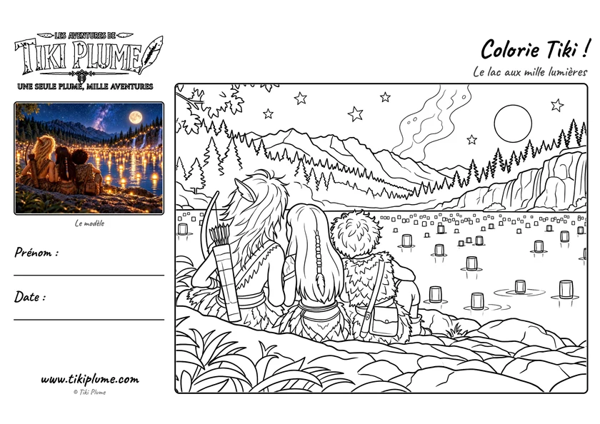Page de coloriage de Tiki Plume : Le lac aux mille lumières, avec modèle couleur à gauche et dessin à colorier à droite.