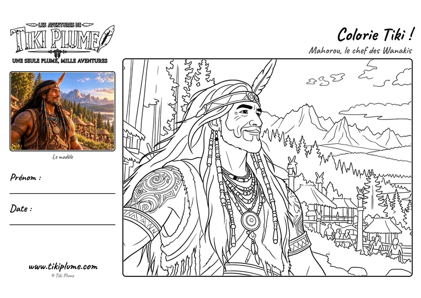 Page de coloriage de Tiki Plume : Mahorou, avec modèle couleur à gauche et dessin à colorier à droite.