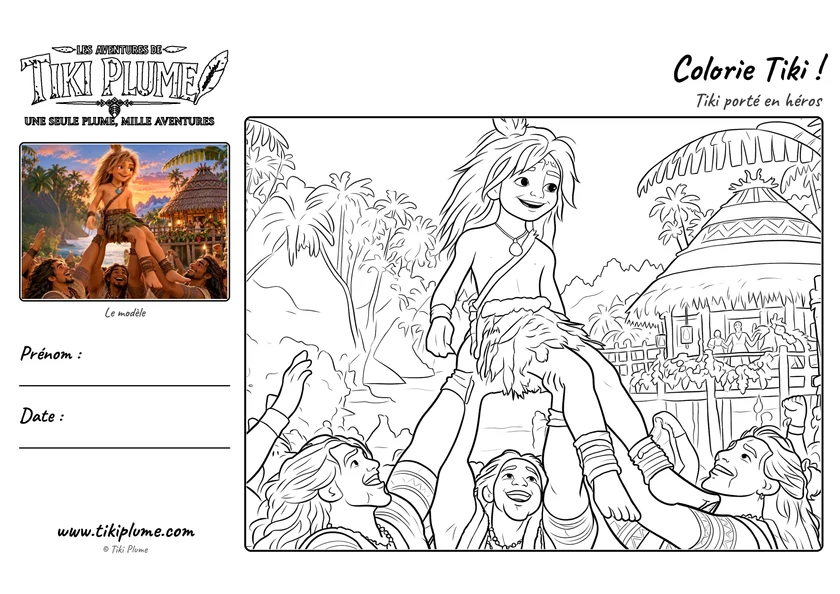 Page de coloriage de Tiki Plume : Porté en héros, avec modèle couleur à gauche et dessin à colorier à droite.