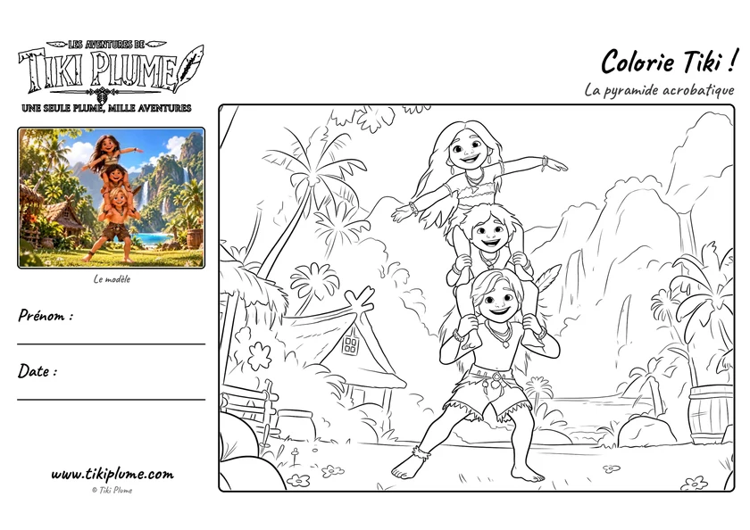 Page de coloriage de Tiki Plume : La pyramide acrobatique, avec modèle couleur à gauche et dessin à colorier à droite.