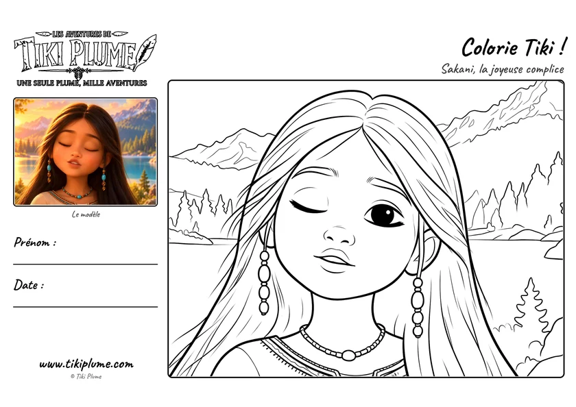 Page de coloriage de Tiki Plume : Sakani, avec modèle couleur à gauche et dessin à colorier à droite.