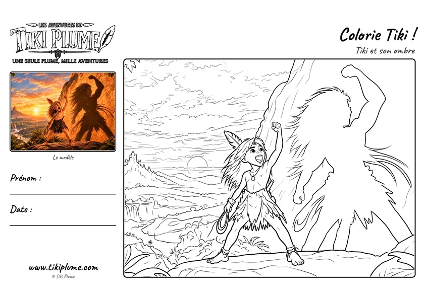 Page de coloriage de Tiki Plume : Tiki et son ombre, avec modèle couleur à gauche et dessin à colorier à droite.