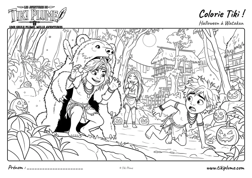 Coloriage de Tiki Plume déguisé en ours pour surprendre Nako à Halloween.