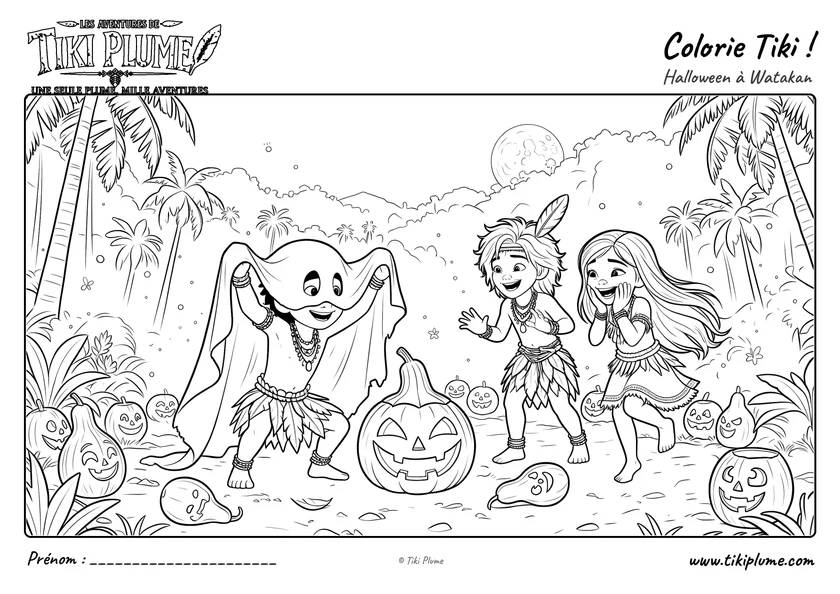 Coloriage de Nako déguisé en fantôme pour surprendre Tiki Plume et Sakani.