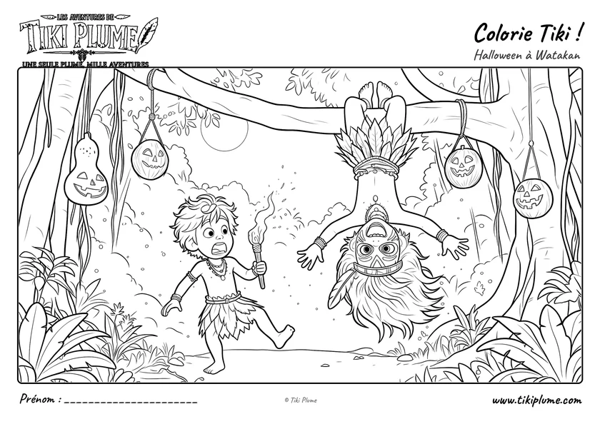 Coloriage de Sakani suspendue à une branche pour surprendre Nako dans la forêt de Watakan.