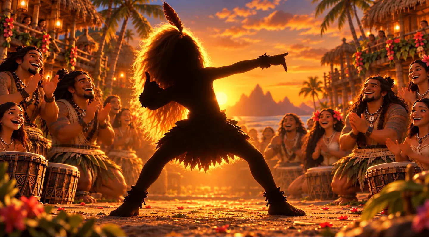 Tiki danse en silhouette au soleil couchant, entouré des Wanakis.